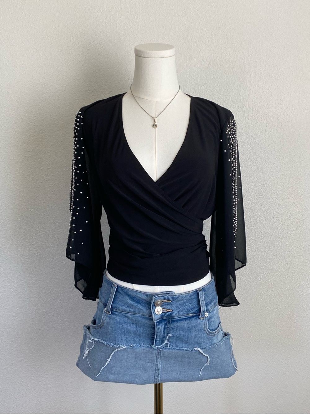 MSK Embellished Chiffon Sleeve Blouse V Neck Size Medium Black